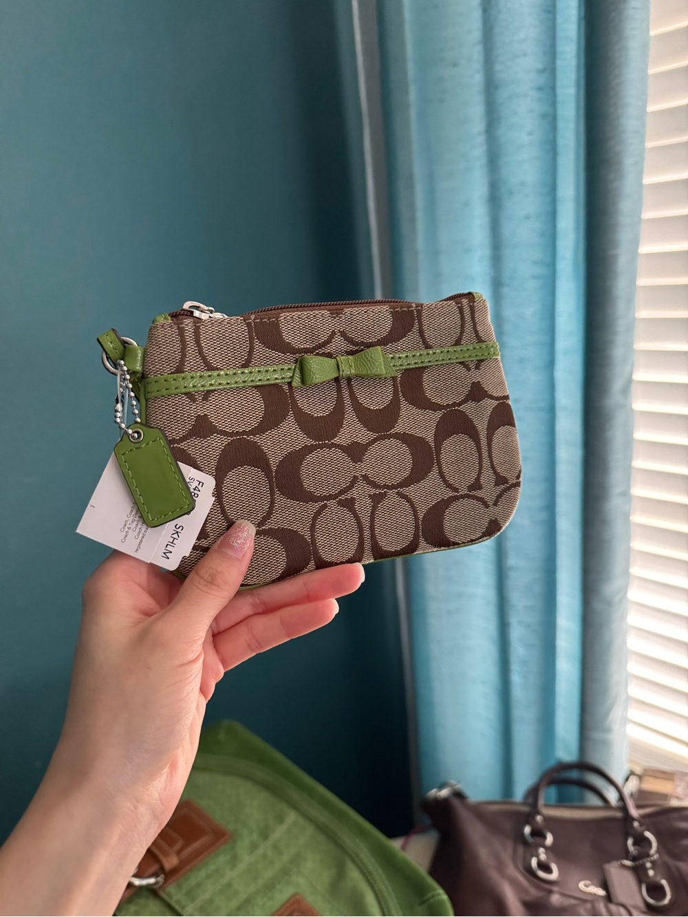 Vintage Coach Brown Canvas Wristlet with Green Bow